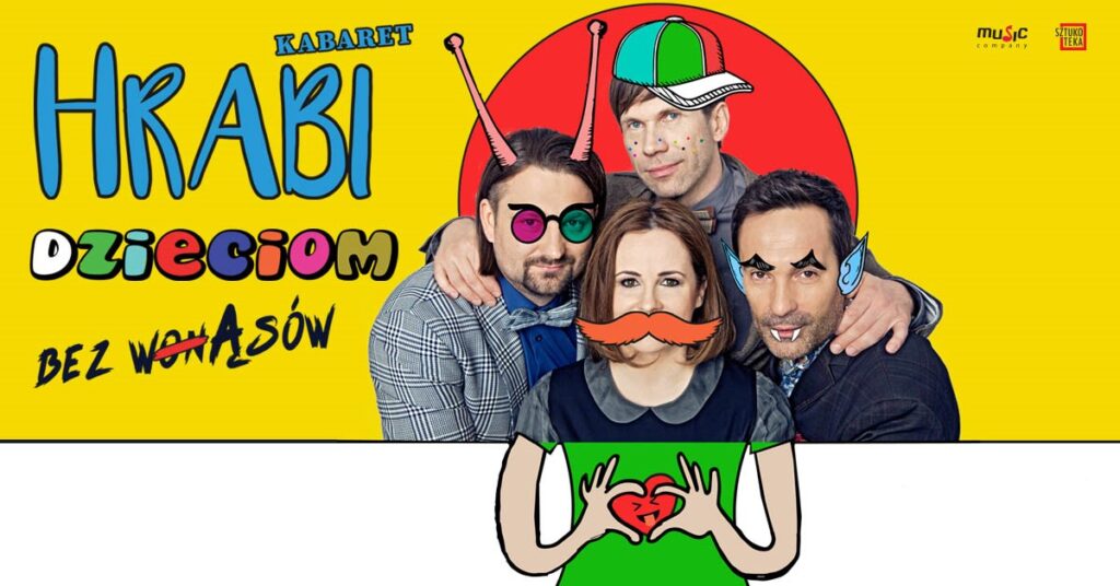 Grafika. Kabaret Hrabi Dzieciom bez wąsów. Na żółtym tle zdjęcia 4 osób. Trzech panów i jednej pani. Każdemu z nich dorysowano rysunkowe obrazki. Jeden mężczyzna ma długie czułki i kolorowe okulary, drugi - czapkę z daszkiem, trzeci spiczaste uszy i czarne, ostro zakończone brwi oraz dwa zęby jak wampir. Kobiecie dorysowano wąsy.