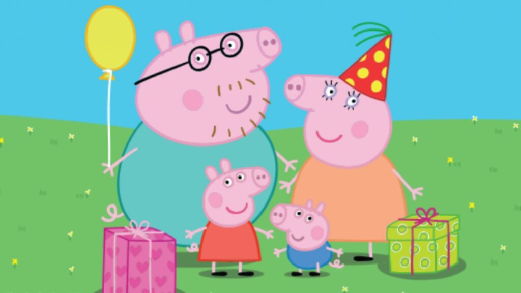 Grafika. Rysunek czterech świnek. To świnka Peppa i jej rodzina: tata, mama i młodszy brat George.