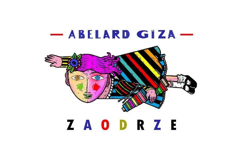 Grafika. Plakat. Na białym tle napis: Abelard Giza. Poniżej zdjęcie kosmicznej kolorowej dziewczynki. lecącej w poziomie. Poniżej napis: Zaodrze.