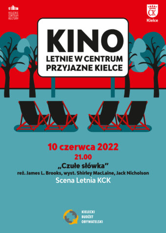 Grafika. Plakat kina letniego w centrum Przyjazne Kielce. Cztery czarno-czerwone leżaki są ustawione przed białym ekranem z napisem: Kino Letnie w Centrum Przyjazne Kielce. Poniżej data 10 czerwca, godz. 21 pokaz filmu "Czułe słówka , Scena Letnia KCK.