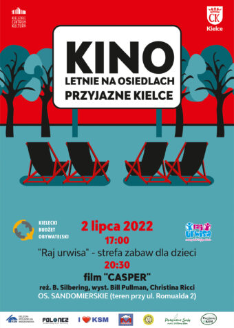 Grafika. Plakat kina letniego na osiedlach Przyjazne Kielce. Cztery czarno-czerwone leżaki są ustawione przed białym ekranem z napisem: Kino Letnie na Osiedlach Przyjazne Kielce. Poniżej data 2 lipca, godz. 17: Raj urwisa - strefa zabaw dla dzieci, 20:30 pokaz filmu "Casper", Osiedle Sandomierskie, teren przy Romualda 2.