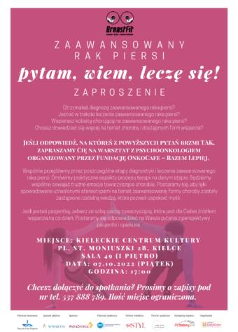 Grafika. Na różowym tle napisy: Zaawansowany rak piersi. Pytam., wiem, leczę się! Zaproszenie na warsztaty prowadzi psychoonkolog Adrianna Sobol. KCK, sala 49 7 października godz. 17. Ilość miejsc ograniczona. Zapisy.