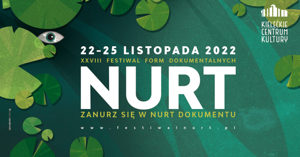 Grafika. Plakat 27. festiwalu form dokumentalnych NURT. Zanurz się w nurt dokumentu. 22-25 listopada 2022. www.festiwalnurt.pl