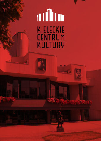 Grafika. Na czerwony tle widoczny budynek Kieleckiego Centrum Kultury. Nad nim białe logo instytucji i czarny napis Kieleckie Centrum Kultury.