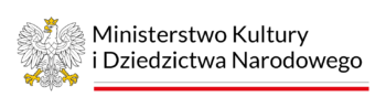 Logo Ministerstwa Kultury i Dziedzictwa Narodowego. Z lewej strony biały ożeł z żóltą koroną i łapami zakończonymi pazurami, wyglądający jak polskie godło. Obok napis: nazwa ministerstwa. Pod spodem pozioma kreska w kolorze biało-czerwony przypominająca polską flagę.