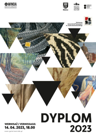 Grafika. Plakat wystawy Dyplom 2023. Na białym tle różnej wielkości trójkąty równoboczne skierowane wierzchołkami w dól. Na każdym z nich fragment pracy yplomowej: tkaniny, obrazy. Poniżej czarny napis: Dyplom 2023. Wernisaż: 14 kwietnia godzi. 18. Galeria Sztuk Współczesnej "Winda".
