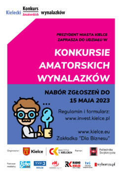 Grafika. Plakat konkursu amatorskich wybalazków. Nabór zgłozeeń do 15 maja 2023. Regulamin i formularz: www.invest.kielce.pl, www.kielce.eu zakładka "dla biznesu".