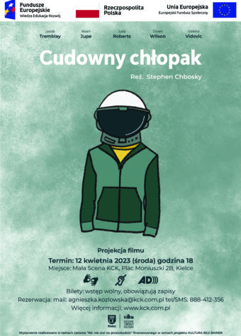 Grafika. Plakat filmu "Cudowny chłopak". Na szarym tle sylwetka dziecka ubranego w hełm kosmonauty. Nad rysunkiem napisy: Cudowny chłopak, reż. Stephen Chbosky. Poniżej: napisy: projekcja filmu. Termin: 12 kwietnia 2023 roku (środa) godzina 18. Miejsce : Mała Scena KCK, pl. Moniuszki 2B. Poniżej graficzne znaki: tłumacza PJM, niesłyszących (przekreślone ucho) oraz znak audiodeskrypcji. Poniżej napisy: Wstęp wolny. Rezerwacja: agnieszka.kozlowska@kck.com.pl, tel./SMS 888 412 356.