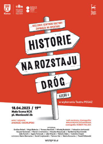 Grafika. Plakat spektaklu "Historie na rozstaju dróg" Część pierwsza w wykonaniu teatru Pegaz. 18 kwietnia godz. 19 Mała Scena KCK, pl. Moniuszki 2b. Autor i reżyseria: Andrzej Skorupski. wstęp 10 złotych. Grafika przedstawia drewniany drogowskaz ze strzałkami Na każdej strzałce część tytułu: Historie na rozstaju dróg. Na górze napis: Kieleckie Centrum Kultury zaprasza na spektakl.
