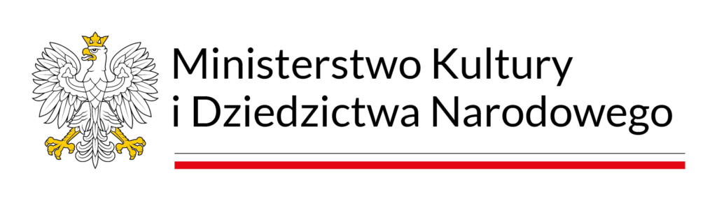 Grafika. Logo Ministerstwa Kultury i Dziedzictwa Narodowego. Na bialy tle orzeł w koronie. Obok napis podkreślony biało-czerwoną kreską.