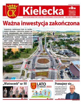 Grafika Pierwsza strona magazynu Kielecka nr. 12. Głowy tekst: Ważna inwestycja zakończona. Poniżej zdjęcie dużego skrzyżowania drogowego. Poniżej trzy mniejsze ctytuły: Wiatraczek nr. 50, Lsqo w mieście 2023 i Poznajmy się.