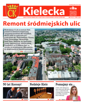 Grafika. Pierwsza strona biuletynu Kielecka nr 14. Główny tekst: Remont śródmiejskich ulic. Poniżej zdjęcie centrum kielc z lotu ptaka. Na dole 3 mniejsze teksty: 50 lat Korony, Nadzieje Kielc i Poznajmy się.