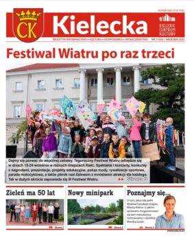 Grafika. Pierwsza strona biuletynu Kielecka nr 17 2022. Tekst główny: Festiwa l Wiatru po raz trzeci. Zapowiedź tekstu ozdabia duże zdjęcie grupy dzieci trzymającej kolorowe latawce.. Poniżej trzy krótkie teksty: Zieleń ma 50 lat, Nowy minipark, Poznajmy się.