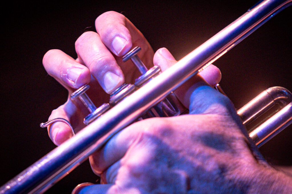 Zdjęcie. Dłonie podczas gry na trąbce. Jedną ręką naciskane są guziki. Druga trzyma instrument.