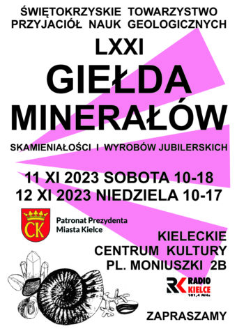 Grafika. Plakat. Na białym tle z amarantowymi trójkątami czarny napis: Giełda Minerałów. 11 listopada, 12 listopada, KCK