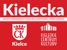 Grafika: Logo biuletynu. Na czerwonym tle duży napis Kielecka. Poniżęj herb Kielc i logotyp Kieleckiego Centrum Kultury.