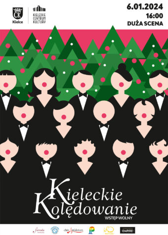 Grafika. Plakat. Schematycznie narysowane trzy rzędy śpiewaków o otwartych buziach. Śpiewacy ubrani są w czarne stroje. Za nimi rzędy zielonych choinek. Na dole napis: Kieleckie kolędowanie. Na górze data: 6 stycznia godz. 16 Duża Scena.