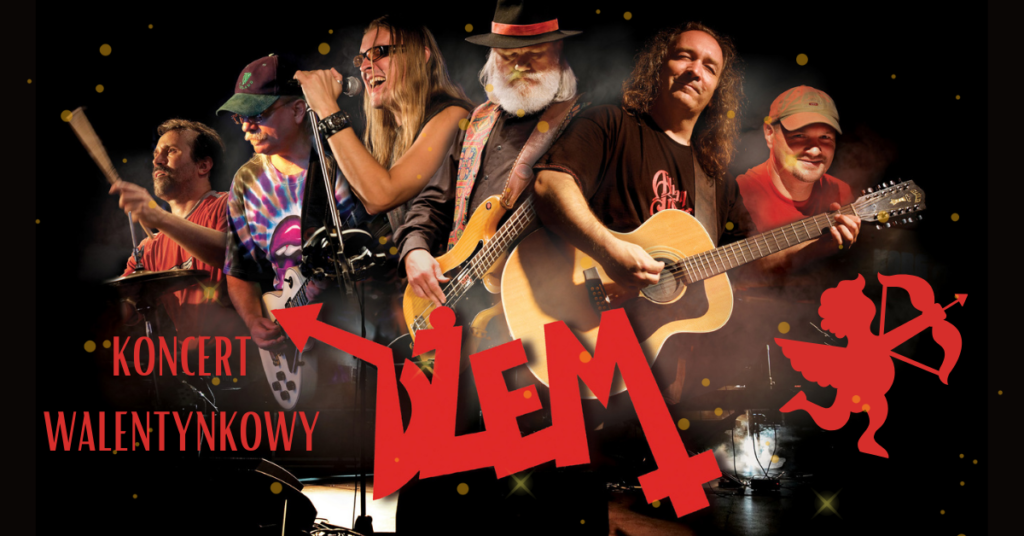 Grafika. Plakat koncertu grupy Dżem. Na czarnym tle zdjęcia 6 muzyków układających się w wachlarz. Pod nimi napis: Koncert Walentynkowy. Dżem
