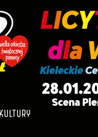 Grafika. Plakat 32 finału Wośp. Na czarnym tle po lewej stronie logo finału orkiestry. Po prawej kolorowy napis: Licytacje dla WośP. Kieleckie Centrum Kultury, 28 stycznia, godz. 14. Scena Plenerowa KCK