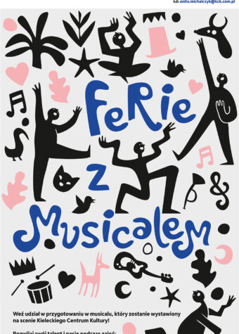 Grafika. Plakat- Ferie z musicalem. Na szarym tle sylwetki postaci i instrumentów muzycznych: gitar, bębenków. W środku granatowy napis: Ferie z musicalem. Powyżej daty: 19-24 lutego 2024.