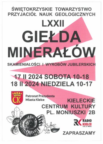 Grafika. Plakat Giełdy minerałów. Na białym tle ozdobionym rózowymi dużymi trójkątami napis: Giełda minerałów, skamieniałości i wyrobów jubilerskich 17 lutego, dzo. 10-18, 18 lutego godz. 10-17. Kieleckie Centrum Kultury