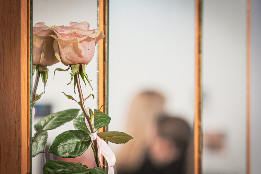 Zdjęcie. Jasnoróżowa róża oparta o lustro.