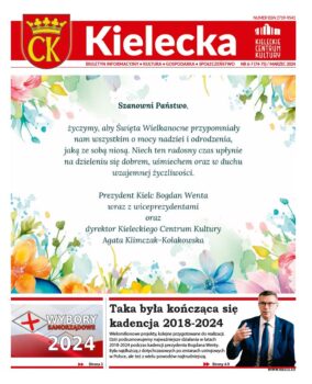 Grafika. Pierwsza strona biuletynu "Kielecka". Tekst głowny: życzenia z okazji Świąt Wielkanocnych. Dwie krotkie zapowiedzi na dole: Wybory samorządowe 2024. Taka była kończąca się kadencja 2018-2024.