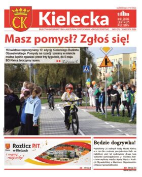 Grafika. Pierwsza strona biuletynu Kielecka nr 9. Duże zdjęcie chłopca na rowerze. jadącego ścieżką rowerową. Nad tym napis: Masz pomysł? Zgłoś się! Poniżej dwaq krótkie teksty: Rozlicz PT w Kielcach i Będzie dogrywka!