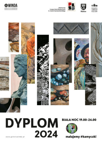 Grafika. Plakat białej nocy muzealnej. W centralnym miejscu prostokątne pionowe i poziome fragmenty prac malarskich i rzeźbiarskich poniżej napis: Dyplom 2024. Biała Noc, godz. 19-24. Poniżęj napis: malujemy #kamyczki.