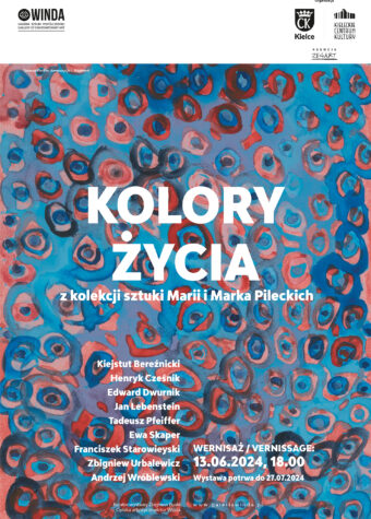 Grafika. Plakat wernisażu wystawy. Na tle obrazu przedstawiającego czerwone nieregularne koła na niebieskim tle napis: Kolory życia z kolekcji sztuki Marii i Marka Pileckich. Poniżej nazwiska twórców: Kiejstut Bereźnicki, Henryk Cześnik, Edward Dwurnik, Jan Lebestein, Tadeusz Pfeiffer, Ewa Skaper, Franciszek Starowieyski, Zbigniew Urbalewicz, Andrzej Wróblewski.W prawym dolnym rogu data: 13 czerwca godz. 18. Galeria Sztuki Współczesnej "Winda". Wystawa potrwa do 27 lipca.