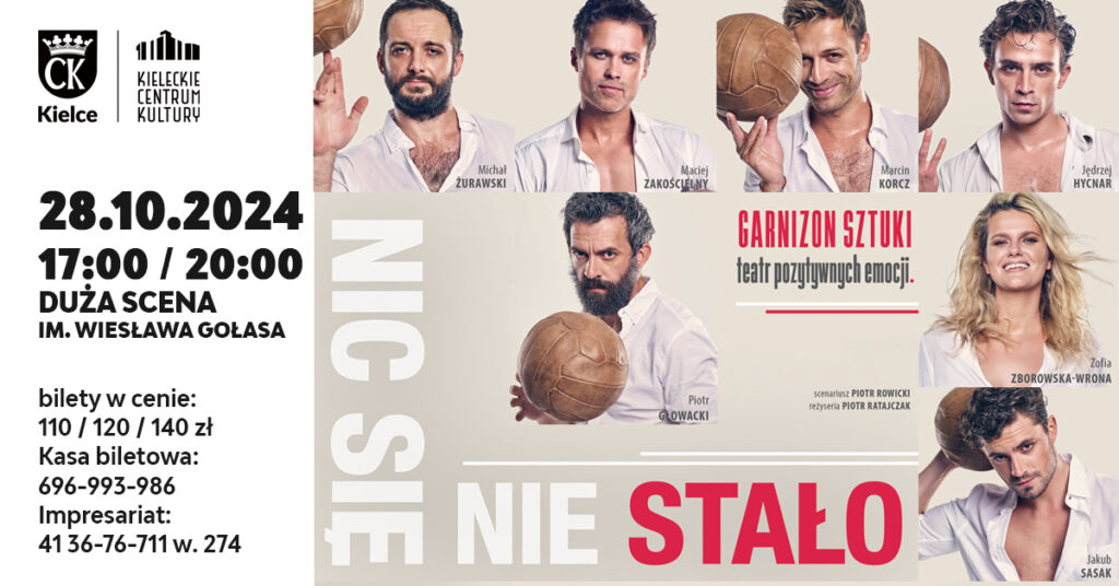 Grafika. Plakat spektaklu "Nic się nie stało". W górnej części grafiki na beżowym tle zdjęcia aktorów: Pięciu mężczyzn i jednej kobiety. To w kolejności od góry: Michał Żurawski, Maciej Zakościelny, Marin Korcz, Jędrzej Hycnar, Zofia Zborowska-Wrona, Jakub Sasak. Poniżej zdjęcie mężczyzny z groźną miną i piłką w dłoni. To Piotr Głowacki. Poniżej w lewym dolnym rogu napis "Nic się nie stało". Po lewej stronie data: 28 października godz. 17. Duża Scena KCK. Bilety: 110, 120 i 140 zł.