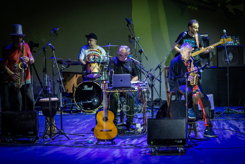 Zdjęcie. Pięciu muzyków gra na instrumentach na scenie.