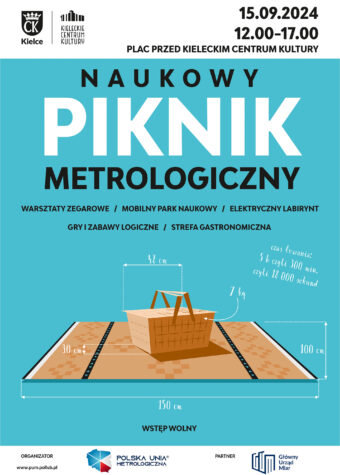 Grafika. Plakat pikniku metrologicznego. Na turkusowym tle zdjęcie koca,a na nim koszyka pikinikowego. Oba przedmioty mają podane ścisłe wymiary. Powyżej data: 15 września, godz. 12-17 plac przed Kieleckim Centrum Kultury.