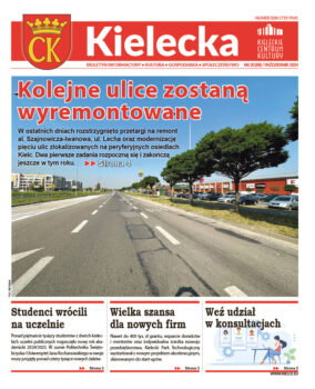 Grafika. Pierwsza strona biuletynu Kielecka nr 20,. Tekst główny: Kolejne ulice zostaną wyremontowane. Poniżej trzy krótkie teksty: Studenci wrócili na uczelnie, Wielka szansa dla nowych firm, Weź udział w konsultacjach.