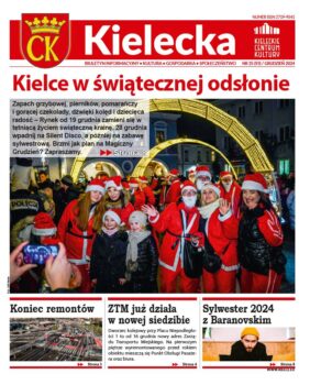 Grafika. Pierwsza strona biuletynu Kielecka nr 25/2024. Tekst głowny: Kielce w świątecznej odsłonie. Poniżej zdjęcie grupy mikołajów na tle ulicznych ozdób świątecznych. Na dole trzy krótkie testy: Konie remontów, ZTM już działa w nowej siedzibie, Sylwester 2024 z Baranovskim.