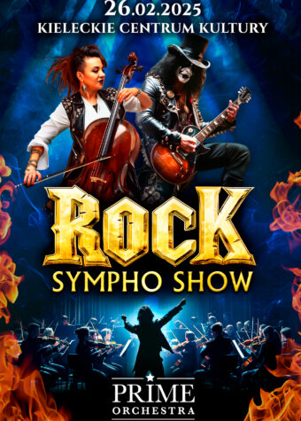 Grafika. Plakat. Rock Sympho Show. na górze data 26 lutego 2025. Kieleckie Centrum Kultury. Na dole grafiki przedstawiającej muzyków na granatowym tle napis: Prime Orchestra.
