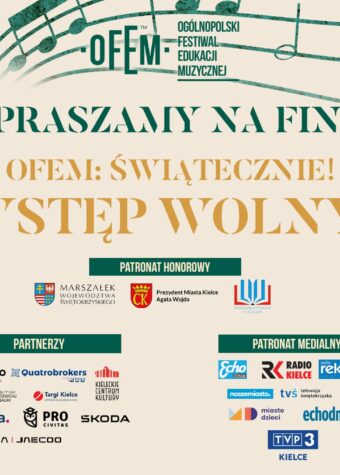 GRagfika. Plakat. Na kremowym tle zielone i żólte napisy: Zapraszamy na finał OFEM: świątecznie!. Wstęp wolny.