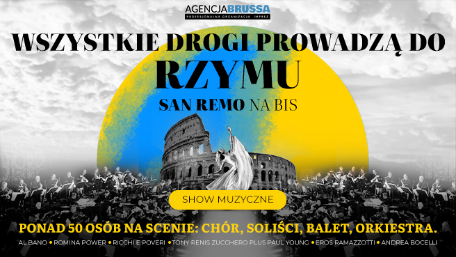Grafika. Plakat. Czarno-białe zdjęcie rzymskiego Koloseum. Pod nim duża orkiestra symfoniczna, a w centralnej części tańcząca kobieta w zwiewnej sukni. Nad koloseum napis: Wszystkie drogi prowadzą do Rzymu. Sanremo na bis. Poniżej: show muzyczne. Ponad 50 osób na scenie, chór, soliści, balet, orkiestra.