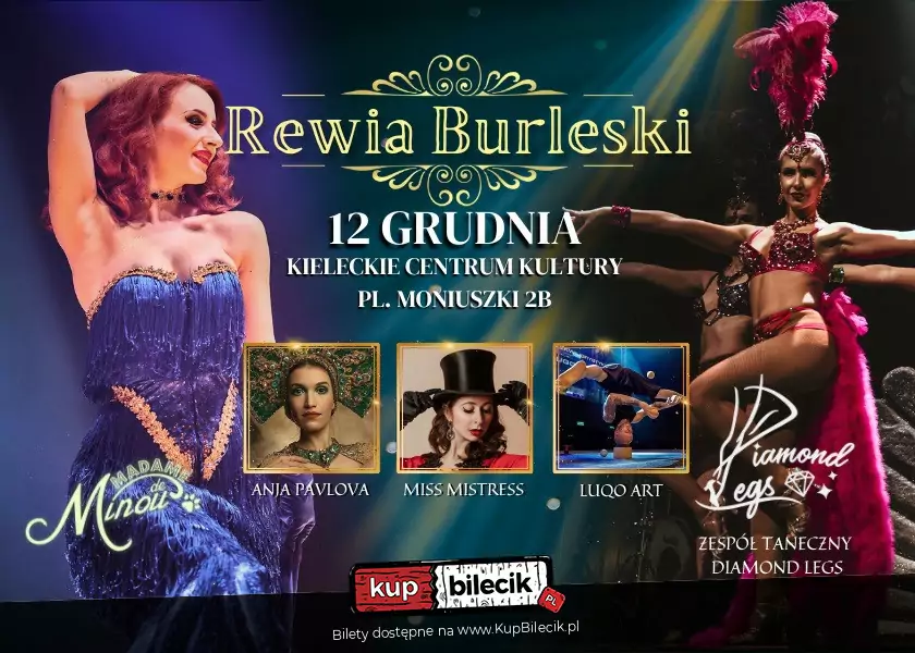 Grafika. Plakat. Zdjęcia pięciu kobiet w pięknych, scenicznych, błyszczących kostiumach. W centralnej częsci napis: Rewia Burleski, 12 grudnia KCK.