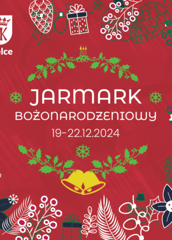 Grafika. Jarmark bożonarodzeniowego. Ncz czerwonym tle rysunki szyszek, choinek, kwiatków, żurawiny, prezentów. W centralnym miejscu napis: Jarmark Bożonarodzeniowy 19-22 grudnia 2024.