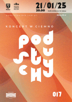 Grafika. Plakat koncertu podsłuchy nr 17. Na pomarańczowym tle cieniowane duże koła i kreski. na środku napis: koncert w ciemno Podsłuchy. Na górze napis: 21 stycznia 2025, godz. 20. Bilety 50 zł.