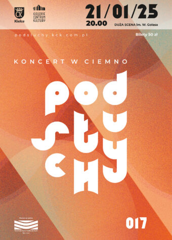 Grafika. Plakat koncertu podsłuchy nr 17. Na pomarańczowym tle cieniowane duże koła i kreski. na środku napis: koncert w ciemno Podsłuchy. Na górze napis: 21 stycznia 2025, godz. 20. Bilety 50 zł.