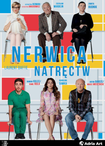 Grafika. Plakat spektaklu. Zdjęcia sześciu osób siedzących na krzesłach ustawionych w dwóch rzędach. To aktorzy spektaklu: Katarzyna Herman, Zdzisław Wardejn, Jowita Budnik, Damian Kulec, Karolina Sawka i Artur Barciś. W środku tytuł: Nerwica natręctw.