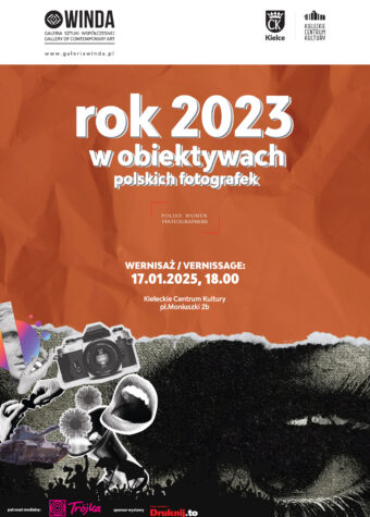 Grafika. Plakat wystawy "Rok w 2023 w obiektywach polskich fotografek". Wernisaż 17 stycznia, godz. 18. Galeria Sztuki Współczesnej "Winda".