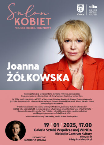 Grafika. Plakat Salonu Kobiet. W górnej części grafiki zdjęcie kobiety w czerwonej marynarce. Obok napis: Joanna Żółkowska.Poniżej na różowym tle data: 19 stycznia, godz. 17Galeria Sztuki Współczesnej "Winda" KCK. Bilety 35 zł. Bilety: kck.bilety24.pl