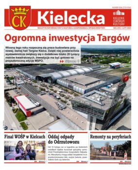 Grafika. Pierwsza strona biuletynu "Kielecka". Tekst głowny: Ogromna inwestycja Targów, trzy krótkie zapowiedzi: Finał WOŚP w Kielcach, Oddaj odpady do Odrzutowozu, Remonty na peryferiach.