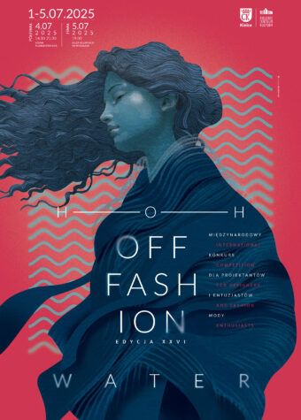 Grafika. konkursu OFF Fashion. Na malinowym tle rysunek kobiety z zamkniętymi oczami. Kobieta ma długie, pofalowane włosy, które w całości opadają na lewą strnę. Kobieta jest ubrana w powłuczystą, prążkowaną szatę przypominającą kimono. Na dziewczynie napisy: H2O. Off Fashion, edycja XXVI. Poniżej napis: Water. W prawym górnym rogu daty: 1-5 lipca 2025.