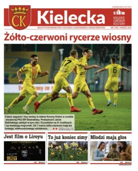 Grafika. Pierwsza strona biuletynu kielecka nr 5. Tekst główny: Żółto-czerwoni rycerze wiosny. Poniżej 3 krótkie zapowiedzi: Jest film o Liroyu, To już koniec zimy, Młodzi mają głos.