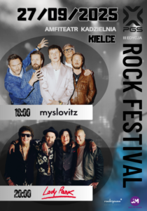 Grafika. Plakat III edycji Rock Festival. 27 września, Amfiteatr Kadzielnia. godz. 18 - Myslovitz, godz. 20 - Lady Pank.