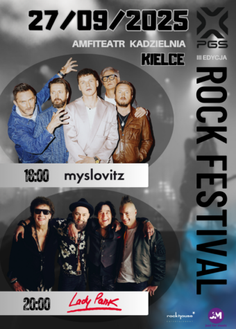 Grafika. Plakat III edycji Rock Festival. 27 września, Amfiteatr Kadzielnia. godz. 18 - Myslovitz, godz. 20 - Lady Pank.